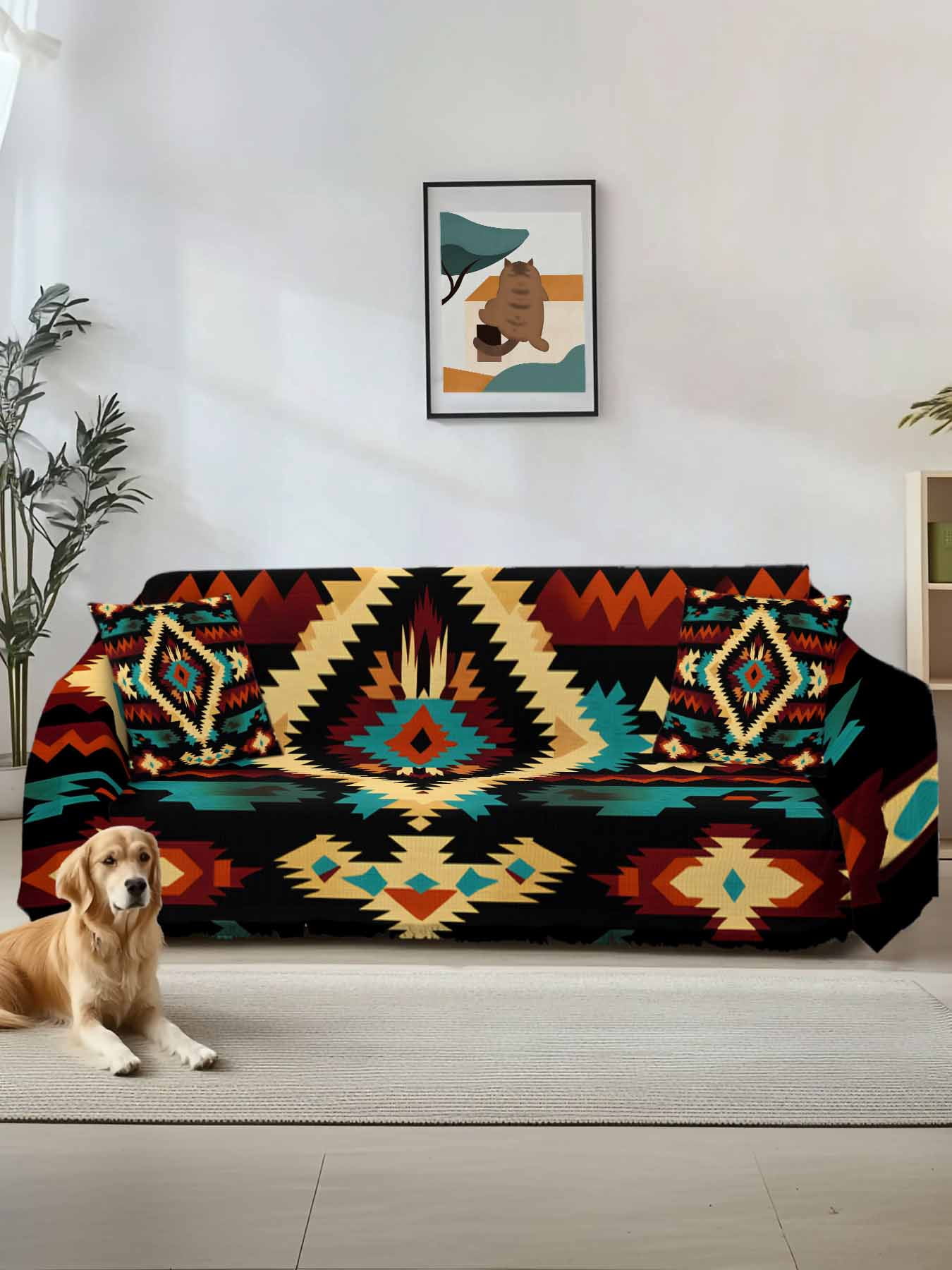 Boho Orange Teal Couch Cover, Vintage Geometric Southwestern Ethnic Sofa Cover Blanket for 3 Cushion Couch,Sectional Sofa Slipcover Furniture Protector for Living Room Bedroom 71''x134''