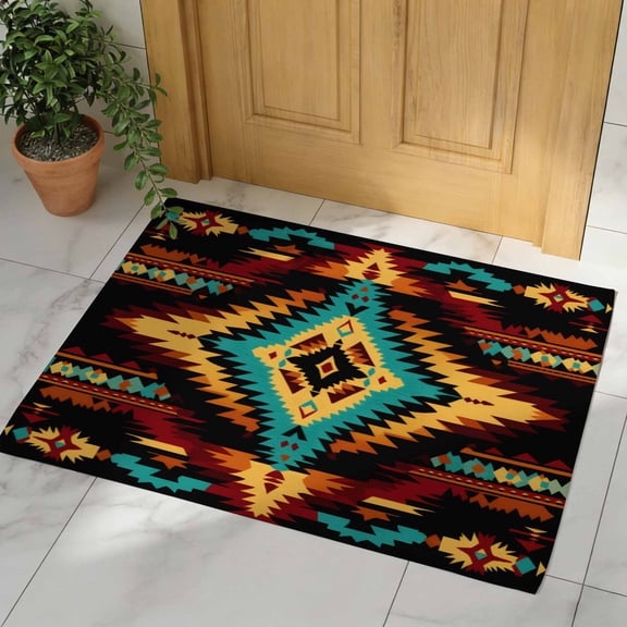 Boho Orange Teal Door Mat, Non Slip Bathroom Rugs, Southwestern Ethnic Abstract Geometric Absorbent Floor Mats, Washable Runner Rug Indoor Doormat for Front Door Entrance, Patio, Garage 16"x24"