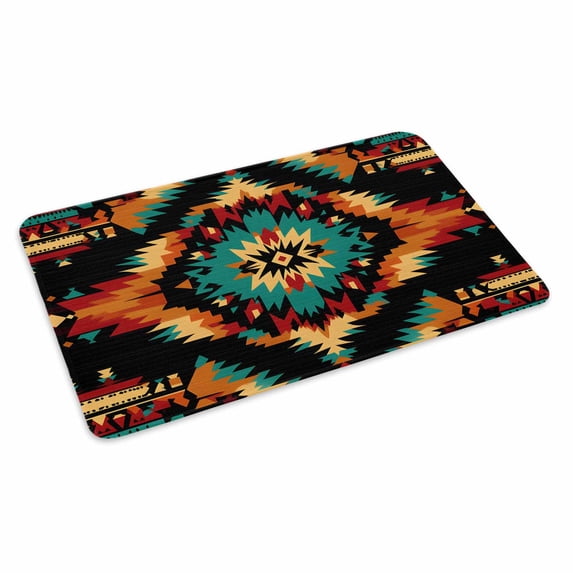 Boho Orange Teal Doormat Outdoor Entrance 24"x36", Geometric Vintage Southwestern Ethnic Absorb Moisture Dirt Door Mats, Non-Slip Rubber Backing Floor Mats Indoor, Low-Profile Front Door Rugs