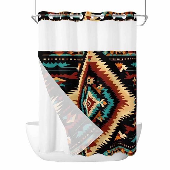 Boho Orange Teal No Hook Shower Curtain Waterproof,Bathroom Curtains with Snap in Liners and See Through Top Window,Southwestern Abstract Geometric Ethnic Hotel Bathtub Curtains Shower 72"Wx96"L