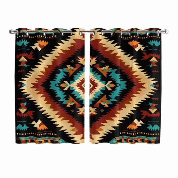 Boho Orange Teal Kitchen Curtains 72 Inch Length, Southwestern Abstract Geometric Ethnic Grommet Top Bedroom Living Room Curtains, Light Filtering Cafe Curtain Drapes 2 Panels Set 104''x72''