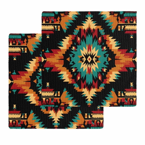Boho Orange Teal Kitchen Dish Towels for Drying Dishes Set of 2, Geometric Vintage Southwestern Ethnic Waffle Weave Microfiber Hand Tea Bathroom Towels Quick Dry & Absorbent Towel 12x12