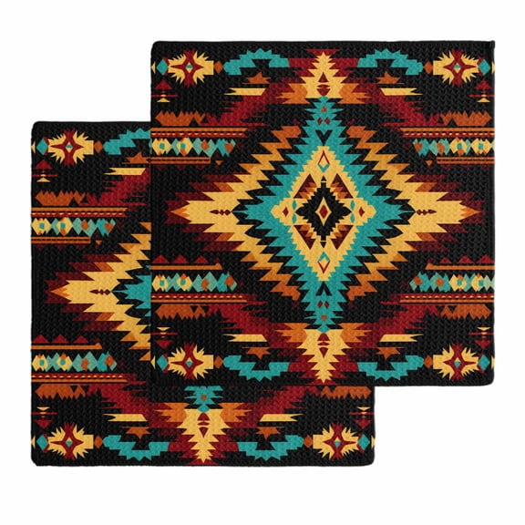 Boho Orange Teal Kitchen Dish Towels for Drying Dishes Set of 2, Southwestern Ethnic Abstract Geometric Waffle Weave Microfiber Hand Tea Bathroom Towels Quick Dry & Absorbent Towel 12x12