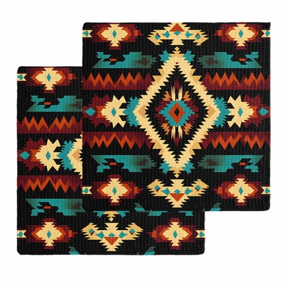 Boho Orange Teal Kitchen Dish Towels for Drying Dishes Set of 2, Vintage Geometric Southwestern Ethnic Waffle Weave Microfiber Hand Tea Bathroom Towels Quick Dry & Absorbent Towel 12x12