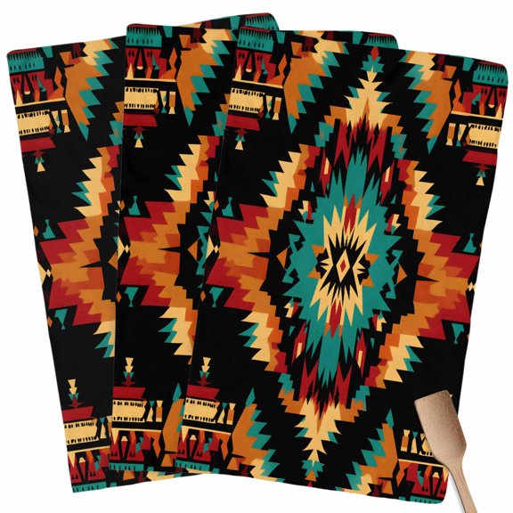 Boho Orange Teal Kitchen Towel Dish Cloths Set of 3, Microfiber Soft Kitchen Hand Towels, Geometric Vintage Southwestern Ethnic Absorbent Quick Drying Dishcloths 18 x 28 Inches