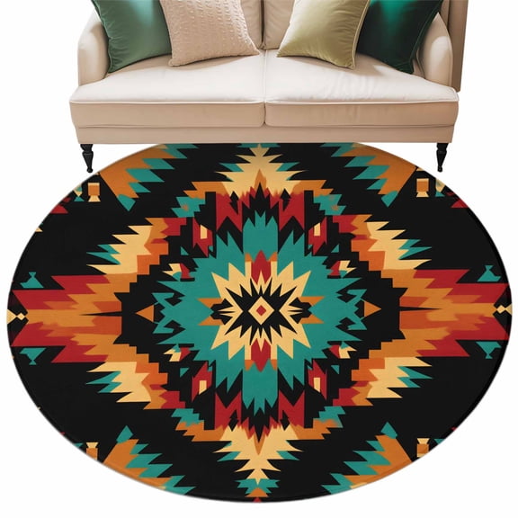 Boho Orange Teal Large Area Rugs for Bedroom Living Room, Soft Non Slip Carpet Bedside Rug, Geometric Vintage Southwestern Ethnic Round Floor Cover Kitchen Accent Rug 8' for Dining Room/Office