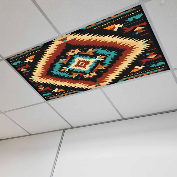 Boho Orange Teal Magnetic Fluorescent Light Covers for Ceiling Lights 2x4Ft, Southwestern Abstract Geometric Ethnic Office Classroom Kitchen Drop Ceiling Light Covers Filters Shade Panel 1 Pack