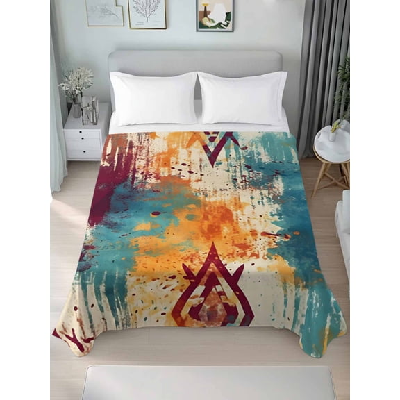 Boho Orange Teal Red Queen Size Flat Sheet, Wrinkleproof & Fadeproof Cooling Flat Bed Sheet Only, Modern Abstract Splashing Art Breathable Soft Bedding Top Sheets 90 x 102 Inches