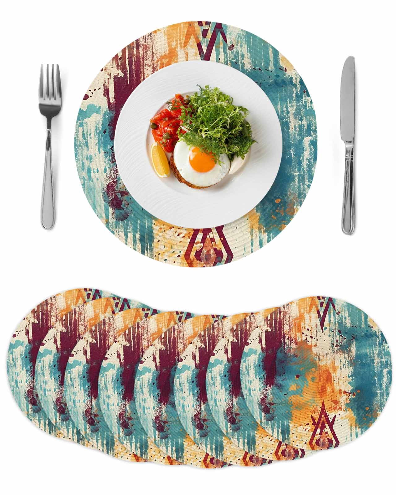 Boho Orange Teal Red Round 13 Inch Placemats Set of 8, Modern Abstract ...