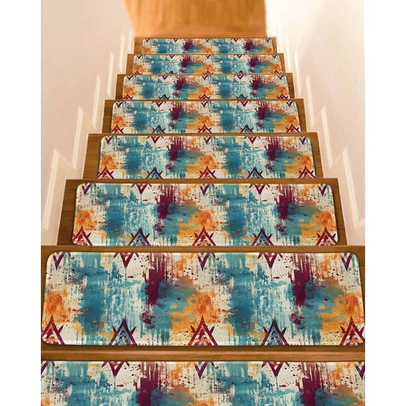 Boho Orange Teal Red Stair Treads for Wooden Steps Indoor Runner Rug Carpet, Modern Abstract Splashing Art 15 Pieces Peel and Stick Staircase Step Treads Covers Washable Throw Door Mats, 30"x8"