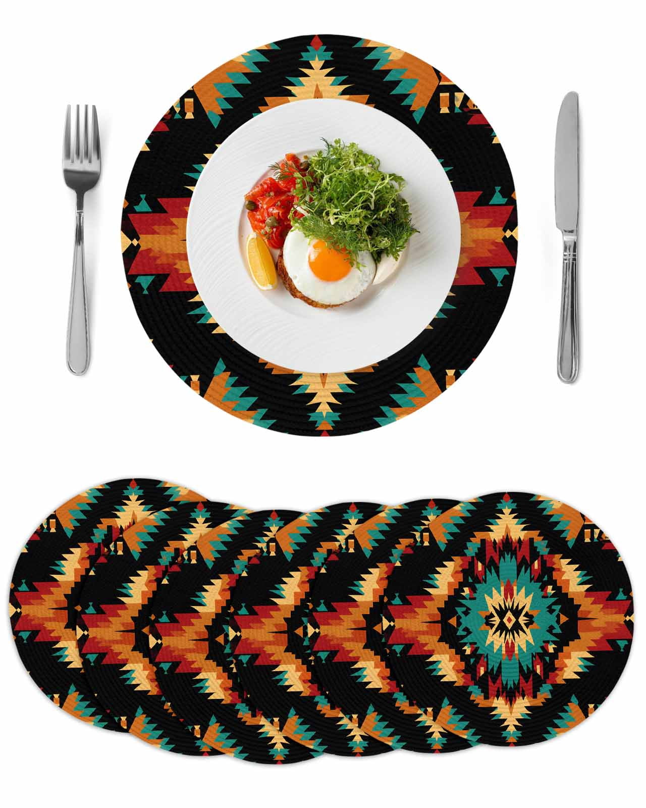 Boho Orange Teal Round 13 Inch Placemats Set of 6, Geometric Vintage ...