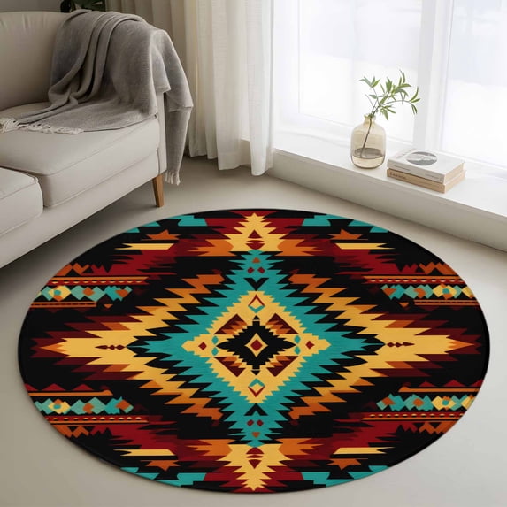 Boho Orange Teal Round Area Rug 3.3 FT, Non Slip Small Entryway Kitchen Mat, Southwestern Ethnic Abstract Geometric Washable Soft Circular Rug Non-Shedding Door Mat for Bathroom Playroom Kids Room
