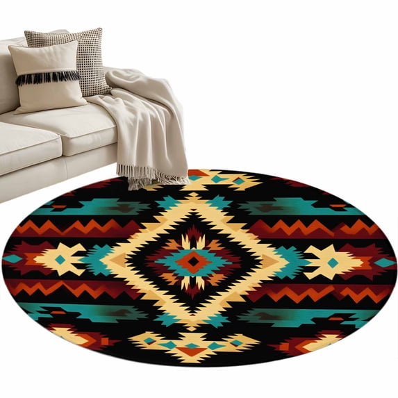 Boho Orange Teal Round Area Rug 4 FT, Non Slip Indoor Outdoor Rug, Vintage Geometric Southwestern Ethnic Washable Soft Circular Carpet Non-Shedding Floor Mat for Coffee Table Nursery Foyer Balcony