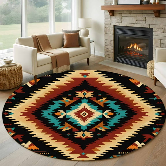 Boho Orange Teal Round Area Rug 5 FT, Non Slip Bedroom Area Rug, Southwestern Abstract Geometric Ethnic Washable Soft Circular Carpet Floor Mat for Kitchen Dining Room Foyer Balcony Dorm