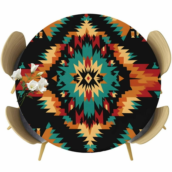 Boho Orange Teal Round Tablecloth 45-54 Inch Round Fitted Table Cloth with Elastic Edge, Geometric Vintage Southwestern Ethnic Waterproof Table Cover Protector for Outdoor Picnic Party Dining