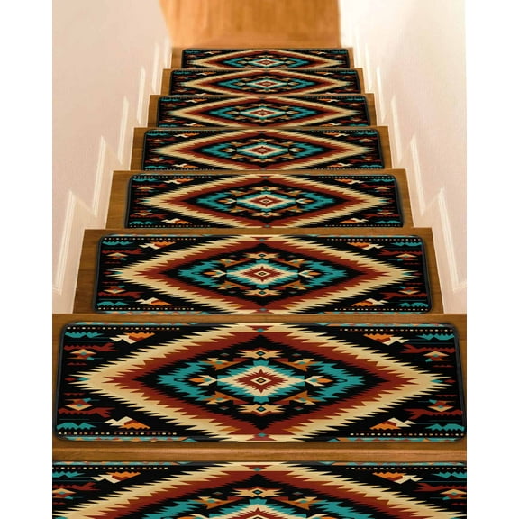 Boho Orange Teal Stair Treads for Wooden Steps Indoor Runner Rug Carpet, Southwestern Abstract Geometric Ethnic 4 Pieces Peel and Stick Staircase Step Treads Covers Washable Throw Door Mats, 30"x8"
