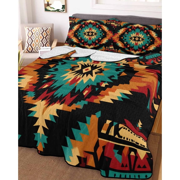 Boho Orange Teal Twin Size Down Alternative Comforter, Lightweight Comforter Quilt Bedding Set with Pillow Shams Geometric Vintage Southwestern Ethnic All Seasons Bed Comforter Duvet Insert 68"x86"
