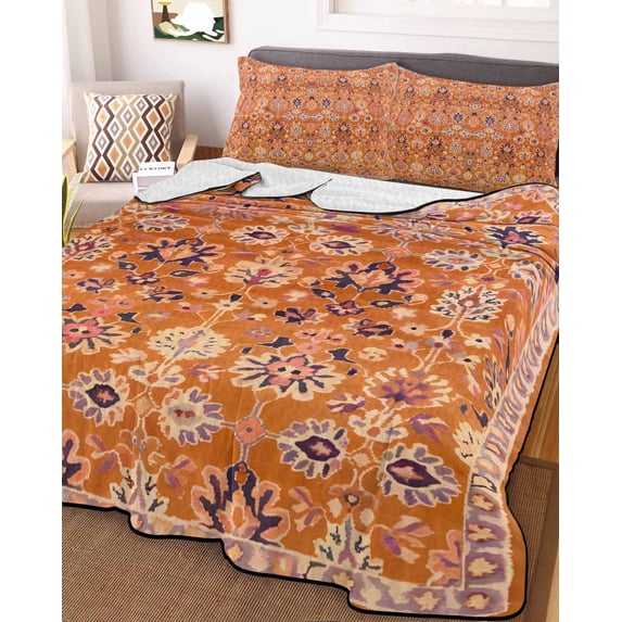 Boho Orange Twin Size Down Alternative Comforter, Lightweight Comforter Quilt Bedding Set with Pillow Shams Country Style Bohemian Floral Retro Tribal All Seasons Bed Comforter Duvet Insert 68"x86"