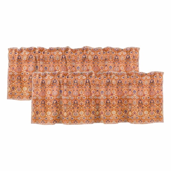 Boho Orange Valances for Windows, Decorative Rod Pocket Window Valance Curtains, Country Style Bohemian Floral Retro Tribal Short Curtain Drapes for Kitchen/Living Room, 2 Panels, 60" W x 18" L