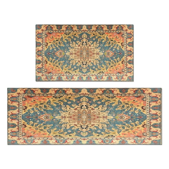 Boho Orange Vintage Ethnic Farmhouse (15) Rugs and Mats Non Skid Washable Absorbent Microfiber Soft Kitchen Mat for Floor Set Of 2 Decor Stain Resistant 17"x47"+17"x30"