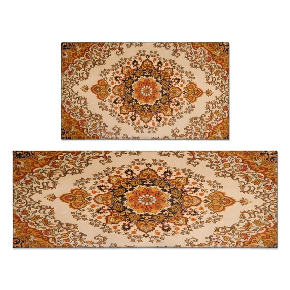Boho Orange Vintage Ethnic Farmhouse Rugs and Mats Non Skid Washable Absorbent Microfiber Soft Kitchen Mat for Floor Set Of 2 Decor Stain Resistant 17"x47"+17"x30"