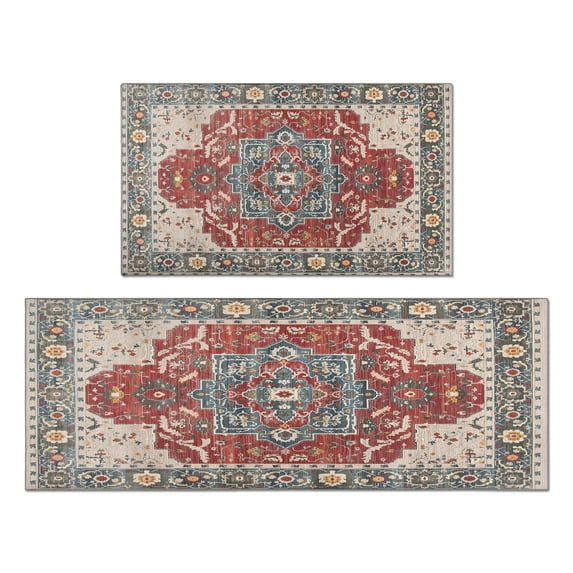 Boho Orange Vintage Ethnic Farmhouse Rugs and Mats Non Skid Washable Absorbent Microfiber Soft Kitchen Mat for Floor Set Of 2 Decor Stain Resistant 17"x47"+17"x30"