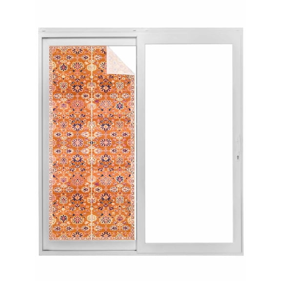 Boho Orange Window Privacy Film, Country Style Bohemian Floral Retro Tribal Static Cling UV Sun Blocking Tint Film Heat Control Windows Films for Bedroom Bathroom, Window Stickers 29.5"x78.7"