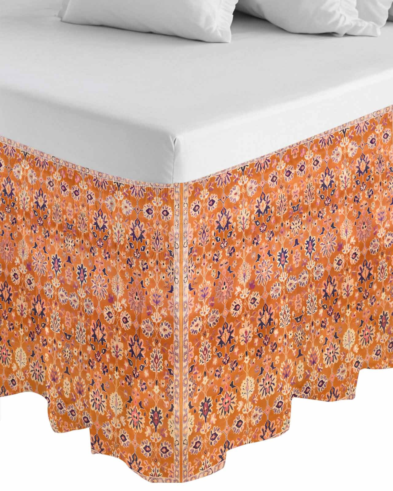 Boho Orange Wrap Around Bed Skirts for King Bed 18" Drop,Bed Skirt with Adjustable Elastic Belt Dust Ruffle Bed Valance for Bedroom Hotel Country Style Bohemian Floral Retro Tribal Bed Frame Cover