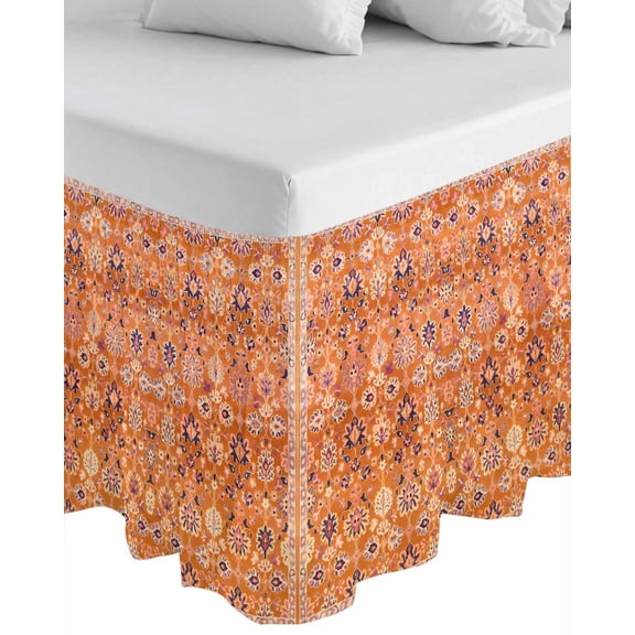 Boho Orange Wrap Around Bed Skirts for King Bed 18" Drop,Bed Skirt with Adjustable Elastic Belt Dust Ruffle Bed Valance for Bedroom Hotel Country Style Bohemian Floral Retro Tribal Bed Frame Cover