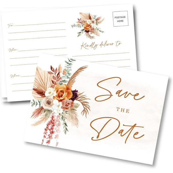 Boho Orange and Terracotta Wedding Save The Date Card Invitations - 50 Count - Postcard Ready to Mail, No Envelopes Needed