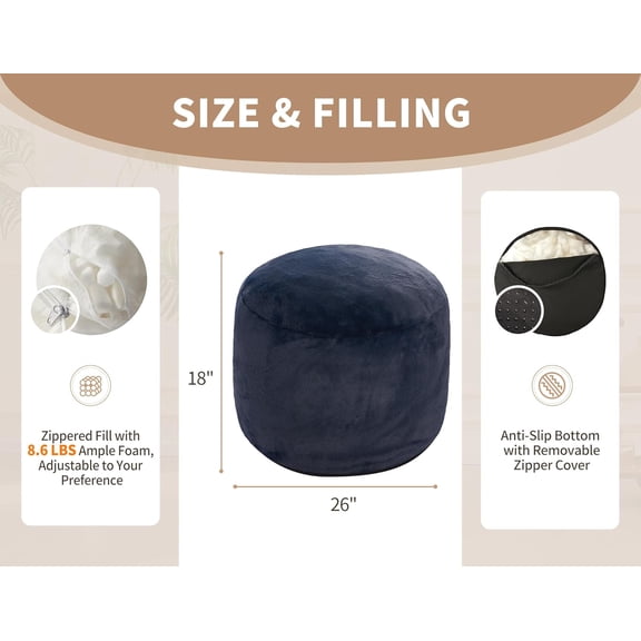 Boho Ottoman Living Room Furniture 26"x18" Round Ottomans Pouf Couch Foot Rest Navy Pouf Ottoman Foot Rest with Foam Chunk Filling Pouffe Ottomans Stuffed Foot Rests Poufs for Couch