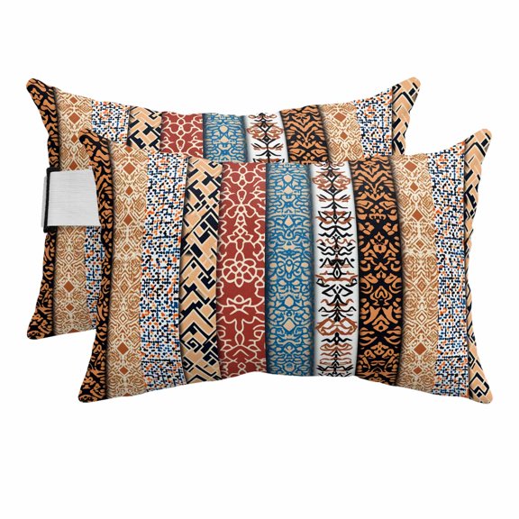 Boho Outdoor Chaise Lounge Pillows Retro Ethnic Vintage Floral Geometric Splicing Lumbar Pillows with Insert Adjustable Elastic Strap Headrest Pillow for Recliner Patio Chair 2 Pack 11x16 Inch