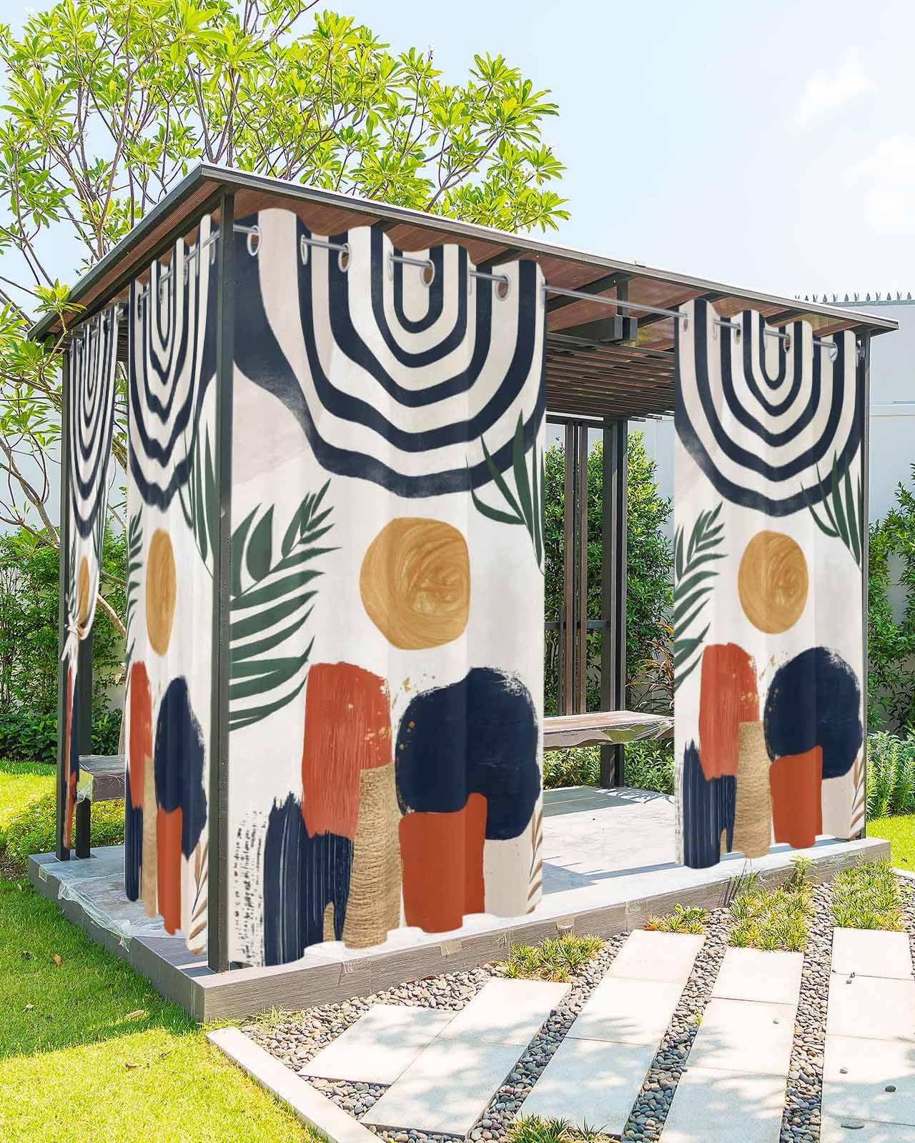 Boho Outdoor Curtains for Patio, Middle Century Leaves Bohemia Minimalist Abstract Art Beige Privacy Drapes Grommet Waterproof Outside Curtains for Porch/Cabana/Balcony 54"x 84", 1 Panel