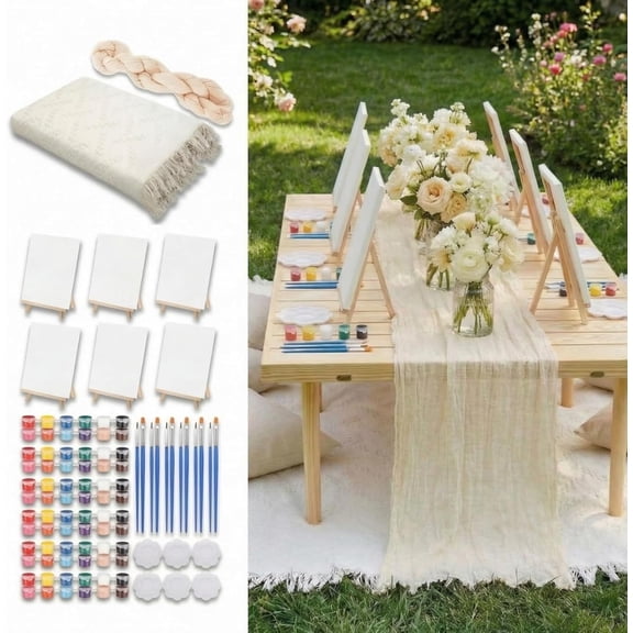 Boho Outdoor Paint Party Kit for 6-91 x 71 Large Picnic Blanket Table Runner 56 Pcs Painting Supplies for Group Painting Bachelorette Birthday Art Party Set(Beige)