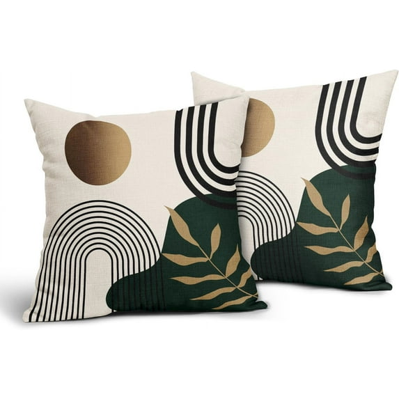 Boho Outdoor Pillow Covers 16x16 Inch Green Gold Throw Pillow Covers Bohemian Leaves Tropical Farmhouse Decorative Pillowcase Square Cotton Linen Cushion Covers for Couch Sofa Bedroom Home (Pack of 2)