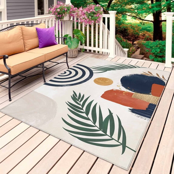 Boho Outdoor Rug 3x5 Ft, Non Slip Washable Area Rug, Middle Century Leaves Bohemia Minimalist Abstract Art Beige Patio Rugs Carpet Runner, Large Floor Mat for Indoor/Outdoor Deck Porch Camping