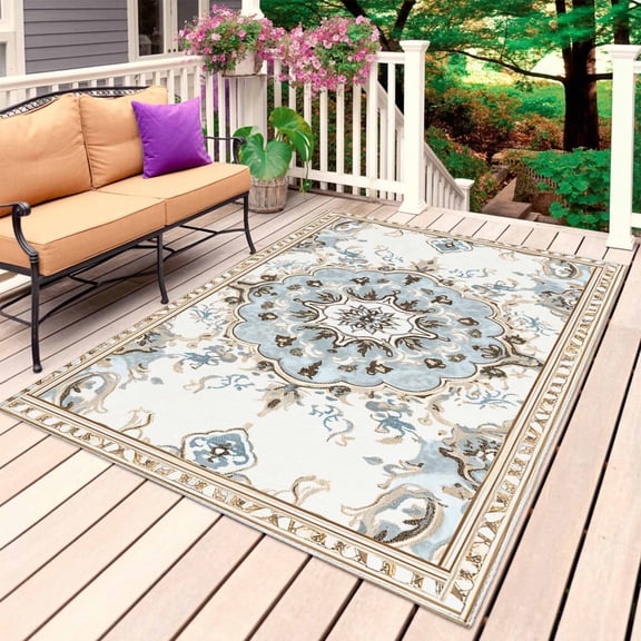 Boho Outdoor Rug 5x7 Ft, Non Slip Washable Area Rug, Ethnic Aztec Southwest Neutral Aesthetic Motifs Patio Rugs Carpet Runner, Large Floor Mat for Indoor/Outdoor Deck Porch Camping