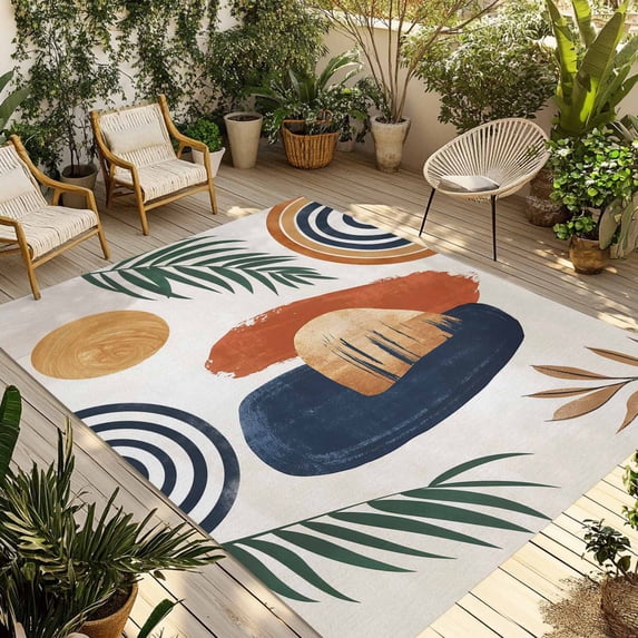 Boho Outdoor Rug for Patio/Deck/Porch, Non-Slip Large Area Rug 4 x 6 Ft, Bohemia Middle Century Leaves Abstract Minimalist Beige Indoor Outdoor Rugs Washable Area Rugs, Camping Rug Carpet Runner