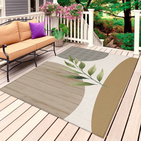 Boho Outdoor Rug for Patio/Deck/Porch, Non-Slip Large Area Rug 5 x 8 Ft, Modern Art Leaves Abstract Brown Gray Geometric Indoor Outdoor Rugs Washable Area Rugs, Reversible Camping Rug Carpet Runner