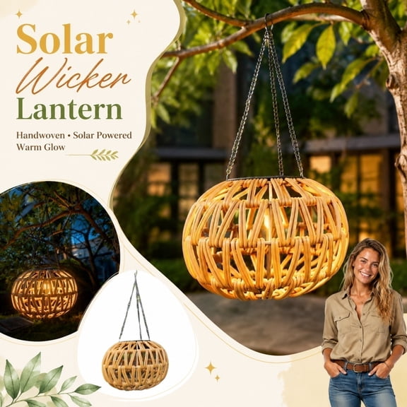 Boho Outdoor Solar Hanging Ambient Light, Rattan Basket, Outdoor Decor for Patio, Balcony Planter, 6X5 Inch Hand-Woven Wicker Rattan Lamp for Garden Landscape Camping Yard