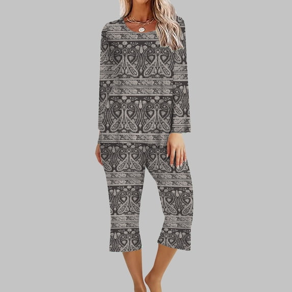 Boho Outfits For Women 2PC Round Neck Long Sleeve Two-piece Comfortable Home Pajamas Set Sports Set Up to 65% off