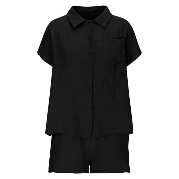 Boho Outfits for Women Casual Shorts Set Women Cotton Linen Button up Shirts and Drawstring Elastic Waist Shorts 2 Piece Summer Outfits Sets New Black XXL