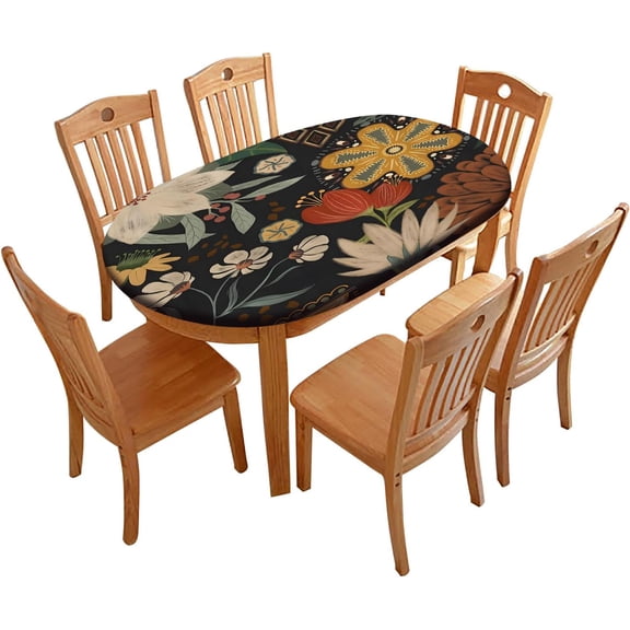Boho Oval Elastic Fitted Tablecloths, Floral Elastic Edge Table Cover, for Fall Outdoor Picnic Patio Party or Indoor Dinner Use, Fits Oval 48*6848" x 68""Table