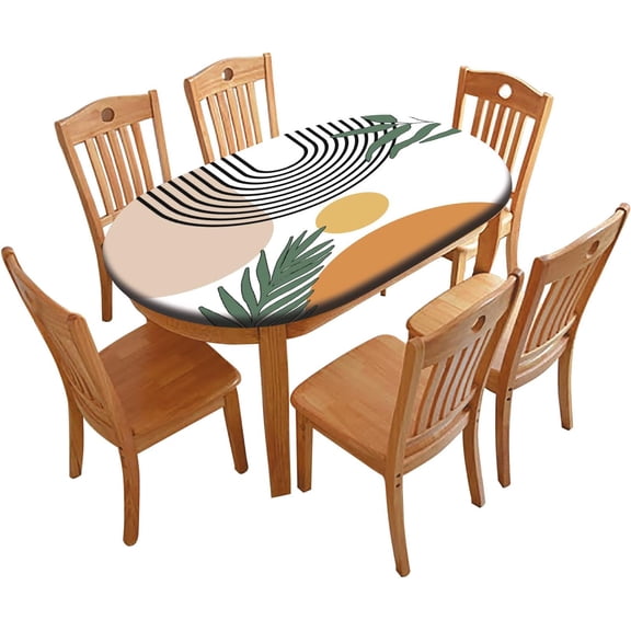 Boho Oval Fitted Tablecloths, Arch Sun Beige Moon Pattern Print Elastic Edged Table Cover, Waterproof Table Cloth Wrinkle Resistant Indoor Family Banquet Use, Fits to Oblong 48" W X 68" L Table