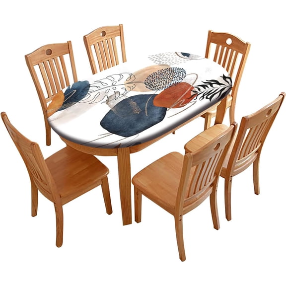 Boho Oval Fitted Tablecloths, Geometric Leaves Plant Washable Spill Proof Table Cloth, Elastic Indoor Outdoor Oblong Table Cover for Kitchen Picnic Party, Fits to 48" W X 68" L Table, Navy Blue Gold