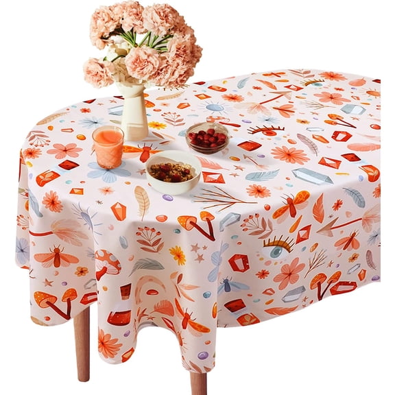 Boho Oval Tablecloth 60 x 84, Orange Pink Boho Tablecloth Table Cover, Mushroom Farmhouse Table Cloths for Parties, Kitchen Dining Table, Polyester Fabric Tablecloth, Boho Decor
