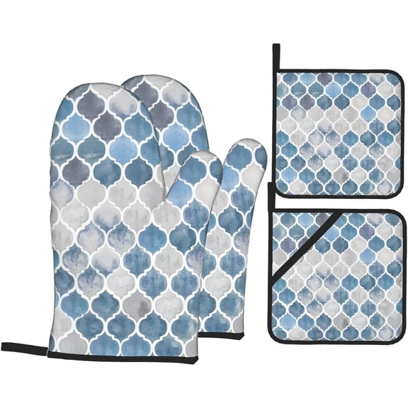 Boho Oven Mitts and Pot Holders Sets - Blue Gray Kitchen Mitts Potholders 4 Pack Heat Resistant Vintage Bohemian Oven Gloves Hot Pads for Kitchen Baking Grilling Party