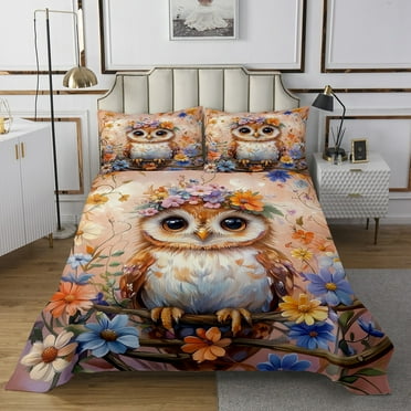 Boho Owl Coverlet Bohemian Flowers Painting Twin Quilt Set Luxury Colorful Florals Decor Bedspread Set,Tree Branches Printed Wildlife Animlas Bed Set,Yellow