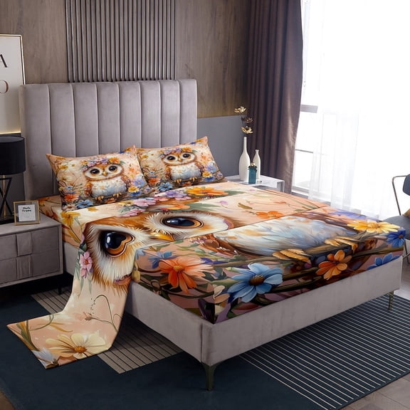 Boho Owl Sheets Bohemian Flowers Painting King Sheet Sets Luxury Colorful Florals Decor Bed Sheets Set,Tree Branches Printed Wildlife Animlas Bed Set,Yellow