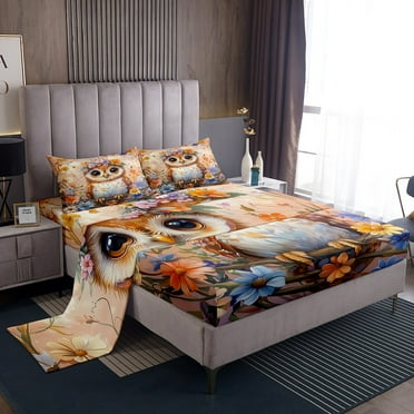 Boho Owl Sheets Bohemian Flowers Painting Twin Sheet Sets Luxury Colorful Florals Decor Bed Sheets Set,Tree Branches Printed Wildlife Animlas Bed Set,Yellow